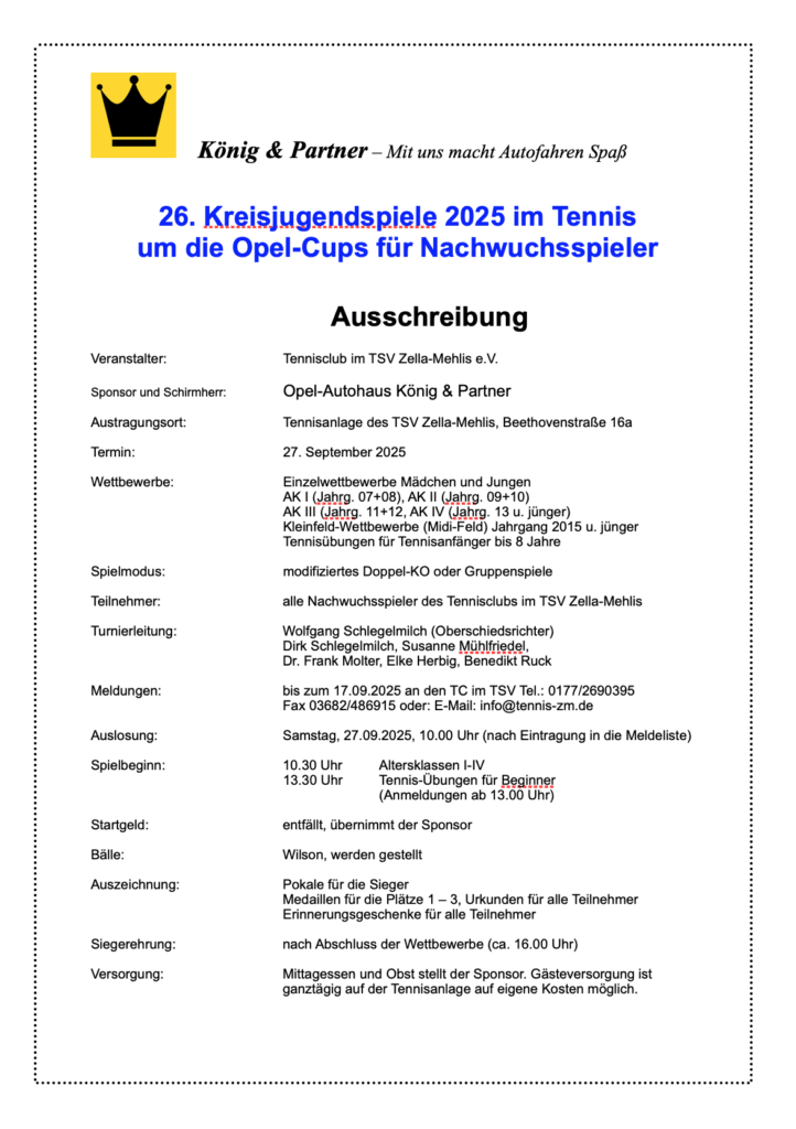 26. Kreisjugendspiele 2025 im Tennis um die Opel-Cups für Nachwuchsspieler